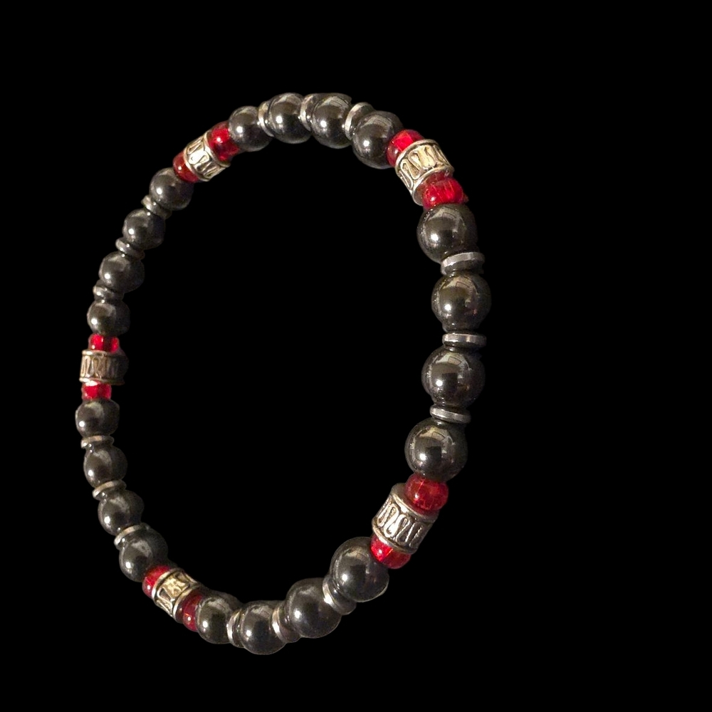 Elegant Black Hematite, .925P Spacers & Red Glass Beaded Bracelet Hand Crafted